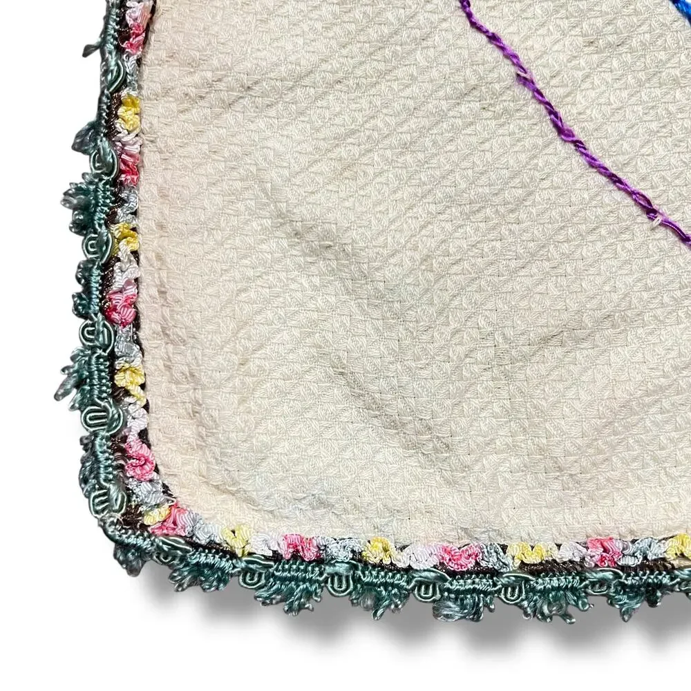 Vintage 30s Embroidered Tablecloth Baskets of Flowers Multicolor 32 inch Square